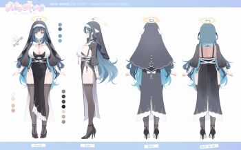 1girl ahoge amano_nene_(vtuber) black_bra black_dress black_nails black_shoes black_thighhighs black_veil blue_eyes blue_hair bra breasts cleavage color_guide deyui dress garter_straps hair_ornament halo heart heart_ahoge heart_hair_ornament high_heels highres indie_virtual_youtuber large_breasts long_hair mole mole_on_breast mole_under_eye multiple_views nail_polish nun pelvic_curtain reference_sheet second-party_source shoes thighhighs underwear veil virtual_youtuber wing_hair_ornament yellow_halo