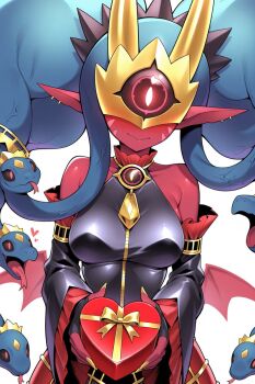 Rule 34 | bare shoulders, black bodysuit, black sclera, blue hair, bodysuit, box, colored sclera, colored skin, commentary request, digimon, digimon (creature), earrings, heart, heart-shaped box, highres, horns, incoming gift, jewelry, looking at viewer, low wings, medusamon, monster girl, one-eyed, pointy ears, red eyes, red skin, snake hair, touhou1237, valentine, wings