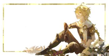 1boy aether_(genshin_impact) ahoge arm_armor armor baggy_pants black_boots blonde_hair boots braid brown_gloves brown_pants brown_shirt closed_mouth commentary_request earrings flower full_body genshin_impact gloves gold_trim grass hair_between_eyes hair_ornament hair_tubes highres jewelry leaf long_hair looking_to_the_side low-braided_long_hair low-tied_long_hair male_focus midriff pants purple_flower scarf shadow shirt short_sleeves shoulder_armor simple_background single_braid single_earring sitting solo star_(symbol) white_background white_flower white_scarf yellow_eyes zashikino_shiki