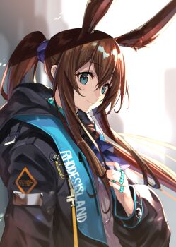 1girl absurdres amiya_(arknights) animal_ears arknights ascot ayanon black_jacket blue_eyes brown_hair closed_mouth hair_between_eyes hand_up highres infection_monitor_(arknights) jacket jewelry long_hair looking_at_viewer multiple_rings open_clothes open_jacket ponytail purple_ascot rabbit_ears rabbit_girl ring shirt smile solo upper_body white_shirt