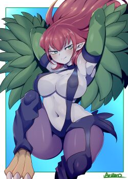 1girl armpits arms_up bad_id bad_pixiv_id blue_background breasts cleavage colored_skin covered_erect_nipples duel_monster feathered_wings feathers female_focus green_eyes green_feathers harpie_lady harpie_lady_#1 harpie_lady_1 highres knee_up long_hair monster_girl navel pointy_ears red_hair ryuusui_arumo sharp_claws sideboob signature solo talons winged_arms wings yu-gi-oh!
