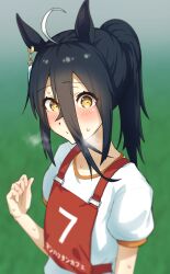 Rule 34 | 1girl, a4 (a4 eishi), absurdres, ahoge, alternate hair length, alternate hairstyle, animal ears, arm at side, black hair, blurry, blurry background, blush, closed mouth, depth of field, earrings, flat chest, gym uniform, hair between eyes, hand up, highres, horse ears, jewelry, looking at viewer, manhattan cafe (umamusume), multicolored hair, race bib, shirt, short hair, short sleeves, single earring, solo, streaked hair, sweat, umamusume, upper body, white shirt, yellow eyes