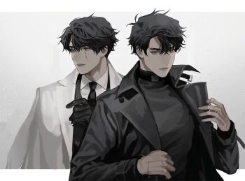 black_coat black_eyes black_gloves black_hair black_necktie black_vest blackbox_(blackbox9158) coat collared_shirt curtained_hair dual_persona gloves hands_up letterboxed multiple_scars necktie omniscient_reader&#039;s_viewpoint open_clothes open_coat outside_border scar scar_across_eye scar_on_face scar_on_hand secretive_plotter shirt short_hair textless_version third-party_source vest white_coat white_shirt yoo_joonghyuk