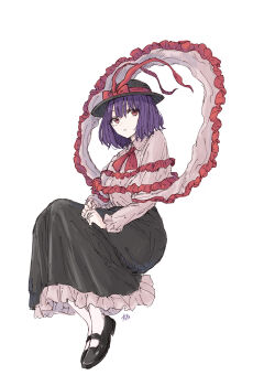 1girl absurdres black_hat black_shoes black_skirt bow commentary_request commission expressionless frilled_ribbon frilled_shirt frilled_skirt frills hagoromo hat hat_bow highres invisible_chair kashiwada_kiiho looking_at_viewer mary_janes nagae_iku necktie own_hands_together partial_commentary purple_hair red_bow red_eyes red_necktie ribbon shawl shirt shoes short_hair signature simple_background sitting skirt solo touhou white_background