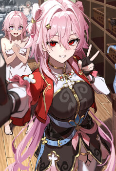 3girls black_gloves bow-shaped_hair cropped_jacket dress dual_persona evernight_(honkai:_star_rail) fingerless_gloves gloves hair_between_eyes highres honkai:_star_rail honkai_(series) jacket long_hair looking_at_viewer march_7th_(honkai:_star_rail) march_7th_(hunt)_(honkai:_star_rail) multiple_girls naked_towel nao_(naoooo_a) official_alternate_costume open_mouth red_eyes red_jacket selfie short_hair short_sleeves smile standing stelle_(honkai:_star_rail) thighhighs towel trailblazer_(honkai:_star_rail) v white_thighhighs