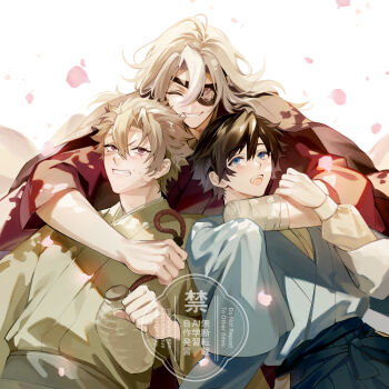 Rule 34 | 3boys, absurdres, alternate costume, aqua kimono, blue eyes, blue hakama, clenched teeth, eyepatch, falling petals, green kimono, grey hair, grin, hair between eyes, hakama, highres, hug, japanese clothes, kimetsu no yaiba, kimono, ku metsu 3cm, male focus, multiple boys, one eye covered, petals, purple eyes, red kimono, shinazugawa sanemi, smile, teeth, tomioka giyuu, tongue, upper body, upper teeth only, uzui tengen, white background, white hair