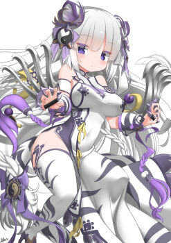 1girl absurdres animal_ears artist_name bare_shoulders blunt_bangs blush braid breasts chinese_clothes claw_(weapon) claws double_bun dress hair_bun hair_ornament haku_(p&amp;d) highres lilium0235 long_hair looking_at_viewer medium_breasts multicolored_hair purple_hair puzzle_&amp;_dragons solo tail thighhighs tiger_ears tiger_tail twin_braids two-tone_hair weapon white_hair