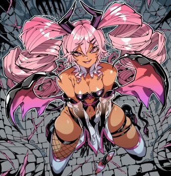 1girl bare_shoulders breasts brick_wall commission corset dark-skinned_female dark_skin demon_girl demon_wings detached_sleeves fang fishnets floating full_body gloves horns kafun large_breasts latex long_hair navel open_mouth pink_eyes pink_hair rock smile tail thighhighs twintails very_long_hair wings