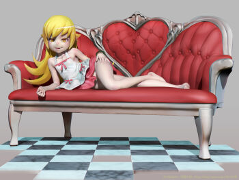 1girl 3d bad_id bad_pixiv_id bakemonogatari barefoot blonde_hair couch dress fang feet female_focus highres leslyzerosix loli long_hair lying monogatari_(series) open_mouth oshino_shinobu pointy_ears smile solo yellow_eyes