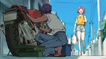 1boy 1girl :d backpack bag blue_pants blue_sky bucket building day gloves grey_shorts highres holding holding_bag kijou_madoka motor_vehicle motorcycle open_mouth oshamanbe pants parted_bangs pink_hair plastic_bag ponytail power_lines protagonist_(tokimemo_gs) purple_hair sandals short_ponytail shorts sky smile tokimeki_memorial tokimeki_memorial_girl&#039;s_side tokimeki_memorial_girl&#039;s_side_1st_love toolbox walking