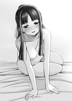 1girl absurdres arm_support blush breasts collarbone commentary completely_nude full_body greyscale hakuino_hakase highres long_hair looking_at_viewer monochrome navel nipples nude original parted_lips sidelocks solo