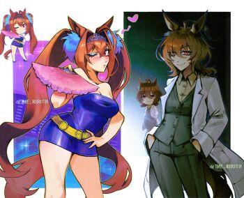agnes_tachyon_(umamusume) ahoge alternate_costume animal_ears bare_shoulders belt black_vest blue_eyeshadow blush bow breasts brown_hair closed_mouth collared_shirt daiwa_scarlet_(umamusume) didi_(galacticdidi) dress earrings eyeshadow formal_clothes hair_between_eyes hair_intakes hair_ornament hand_fan heart high_heels highres holding holding_fan horse_ears horse_girl horse_tail jacket jewelry lab_coat large_breasts long_hair long_sleeves looking_at_viewer makeup medium_hair multiple_girls off-shoulder_dress off_shoulder one_eye_closed pants purple_dress red_eyes shirt short_dress single_earring smile strapless strapless_dress suit tail tiara twintails umamusume umayuru very_long_hair vest white_jacket yellow_belt