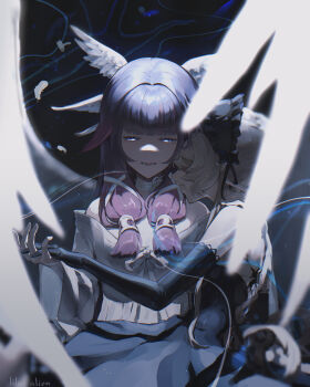 Rule 34 | 2girls, absurdres, black dress, black gloves, black headdress, brown hair, columbina (genshin impact), commentary, dress, elbow gloves, english commentary, genshin impact, gloves, head wings, headdress, highres, lilac alien, multiple girls, purple hair, sandrone (genshin impact), white wings, wings