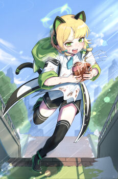 1girl absurdres animal_ear_headphones animal_ears apron bags_under_eyes bandaid bandaid_on_finger bandaid_on_hand black_boots black_jacket black_shorts black_tail black_thighhighs blonde_hair blood blood_on_clothes blue_archive blue_necktie blue_sky boots bow bruise buttons candy cat_ear_headphones cat_ears cat_tail chocolate chocolate_heart cloud collared_shirt commentary day dirty dirty_clothes dirty_face fake_animal_ears fake_tail food full_body green_bow green_eyes green_halo green_jacket hair_bow halo headphones heart heart-shaped_food highres holding holding_chocolate holding_food hood hood_down hooded_jacket injury jacket jjuntoon light_particles low-tied_sidelocks midori_(blue_archive) motion_blur multicolored_jacket necktie open_clothes open_jacket open_mouth outdoors parted_bangs running shadow shirt short_hair short_necktie shorts sidelocks sky sleeves_rolled_up solo stairs sweat tail teeth thighhighs unbuttoned v-shaped_eyebrows white_apron white_jacket white_shirt