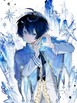 1boy absurdres ahoge black_ribbon blue_capelet blue_eyes blue_hair capelet chinese_commentary closed_mouth commentary_request commission dark_blue_hair expressionless hair_between_eyes highres ice icicle male_focus neck_ribbon original ribbon shirt short_hair solo upper_body vihua6 white_shirt