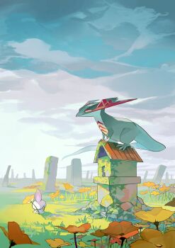 absurdres closed_mouth cloud day dragapult fire flower from_side gen_5_pokemon gen_8_pokemon grass highres litwick moss nintendo no_humans orange_flower outdoors pokemon pokemon_(creature) sky smile two_pokemon yellow_eyes