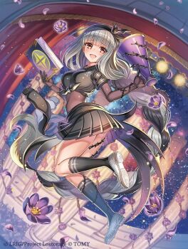 1girl alfou_(wixoss) black_hair black_hairband black_shirt black_skirt black_socks book braid breasts copyright_notice elbow_gloves flower gloves grey_hair hairband holding holding_book holding_megaphone kneehighs long_hair madopen megaphone multicolored_hair official_art open_mouth orange_eyes purple_flower purple_petals shirt shoes single_braid skirt socks solo very_long_hair white_shoes wixoss
