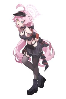 1girl absurdres ahoge alternate_costume arms_behind_back black_boots black_choker black_gloves black_nails black_ribbon black_skirt black_sleeves black_thighhighs blue_archive blue_eyes boots choker crop_top detached_sleeves fang full_body gloves hair_between_eyes hair_ornament hairclip halo heterochromia highres holding holding_microphone hoshino_(blue_archive) leaning_forward long_hair looking_at_viewer microphone nail_polish navel open_mouth parallel_hairclips pink_hair pink_halo ribbon roo_boo sidelocks simple_background single_glove skirt solo spiked_choker spikes stomach tachi-e tank_top thighhighs visor_cap white_background yellow_eyes