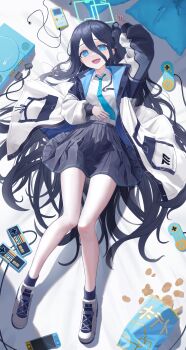 1girl :d absurdres aqua_halo aris_(blue_archive) arm_up bag_of_chips bed_sheet bhn097 black_hair black_hairband black_jacket black_skirt black_socks blue_archive blue_eyes blue_jacket blue_necktie bright_pupils cable chips_(food) collared_shirt commentary controller curled_fingers double-parted_bangs earphones earphones_removed famicom_gamepad food from_above full_body game_boy game_boy_color game_console game_controller hair_between_eyes hair_spread_out hairband halo hand_on_own_stomach handheld_game_console highres jacket knees_together_feet_apart legs long_bangs long_hair long_hair_between_eyes long_sleeves looking_at_viewer lying multicolored_jacket necktie nintendo_switch on_back on_bed one_side_up open_clothes open_jacket open_mouth pillow playstation_1 pleated_skirt potato_chips puffy_long_sleeves puffy_sleeves rectangular_halo school_uniform shadow shirt shirt_tucked_in shoes sidelocks skirt smile sneakers socks solo super_nintendo_controller tie_clip two-sided_fabric two-sided_jacket unzipped very_long_hair white_jacket white_shirt white_shoes zipper