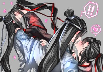 ! !! 2boys absurdres ahoge androgynous black_hair black_hanfu blush chinese_clothes closed_eyes couple grey_background hair_ribbon hanfu headband heart highres holding_another&#039;s_hair hug imminent_kiss kiss lan_wangji long_hair long_sleeves male_focus modao_zushi multiple_boys multiple_views naruse_(kmk648) parted_lips ponytail profile red_ribbon ribbon robe sidelocks spoken_exclamation_mark spoken_heart tongue tongue_out topknot very_long_hair wei_wuxian white_hanfu white_headband wide_sleeves xiao_guan_(headdress) yaoi