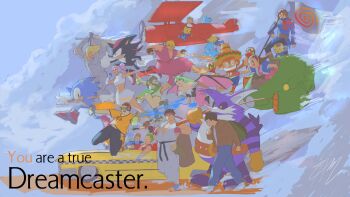 5girls 6+boys absurdres aircraft airplane amigo andrewmalique axel_(crazy_taxi) beat_(jsr) big_the_cat biplane black_hair blonde_hair brown_hair brown_jacket chao_(sonic) cloud crazy_taxi crop_top darkstalkers demon_girl demon_wings dougi english_text eternal_arcadia everyone flag game_console green_hair grin gum_(jsr) hat hazuki_ryou headset highres holding holding_flag holding_microphone holding_sword holding_weapon instrument jacket jet_set_radio ken_masters leather leather_jacket maracas mega_man_(series) mega_man_legends_(series) microphone midair monkey morrigan_aensland multiple_boys multiple_girls newgrounds pink_hair red_hair ryu_(street_fighter) samba_de_amigo sega_dreamcast servbot_(mega_man) shadow_the_hedgehog shenmue short_hair smile sombrero sonic_(series) sonic_the_hedgehog street_fighter street_fighter_ii_(series) sword tron_bonne_(mega_man) twintails ulala vyse walking weapon wings