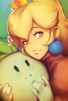 1girl blonde_hair blue_eyes crown doxy earrings female_focus food gloves hair_between_eyes hugging_object jewelry lips long_hair mario_(series) nintendo portrait princess_peach smile solo super_mario_bros._2 turnip vegetable white_gloves