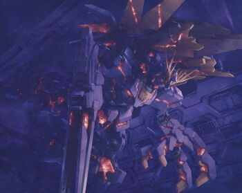 alternate_form beam_cannon claws glowing gundam gundam_unicorn highres katoki_hajime magazine_scan mecha mecha_focus mobile_suit no_humans official_art painting_(medium) realistic robot scan science_fiction space space_habitat spacecraft traditional_media unicorn_gundam_banshee v-fin zero_gravity