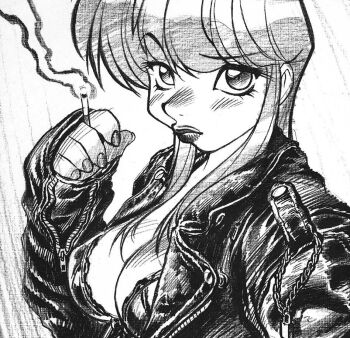 1girl adam_warren blush bra breasts bubblegum_crisis cigarette cleavage commentary commission english_commentary from_side greyscale hair_behind_ear holding jacket leather leather_jacket looking_at_viewer medium_breasts monochrome paid_reward_available priscilla_asagiri raised_eyebrow sidelocks smoking solo thick_lips traditional_media underwear