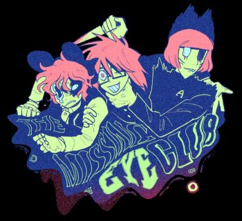 3boys anger_vein animal_ear_headwear black_background color_contrast crazy_smile distortion drawn_whiskers dripping english_text fake_animal_ears film_grain glasses gloves grabbing_another's_arm grimace hashtag-only_commentary holding holding_knife knife limited_palette missing_eye multiple_boys neck_grab nyen_(randal's_friends) one-eyed present_day_problem_takeuchi_robert randal's_friends randal_ivory saturated scarlet_ninjya short_hair smile sweat upper_body warped_text