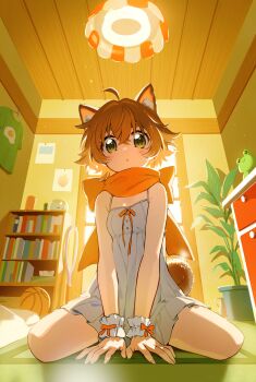 1girl absurdres ahoge animal_ear_request animal_ears arms_between_legs badminton_racket ball basketball_(object) bookshelf breasts brown_hair chandelier chemise commentary frilled_wrist_cuffs frills from_below full_body green_eyes hair_flaps highres indoors locker looking_at_viewer nikyuppa orange_scarf original own_hands_together plant potted_plant racket scarf shirt short_hair sidelocks sitting small_breasts solo sunlight surprised tail unworn_shirt wariza white_chemise white_wrist_cuffs wrist_cuffs