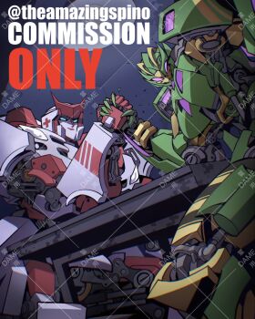 arm_wrestling autobot blue_eyes commission cross highres kamitoge_supino looking_ahead looking_at_viewer mecha mecha_focus no_humans predacon purple_eyes ratchet_(transformers) red_cross redesign science_fiction solid_eyes transformers v-fin waspinator watermark