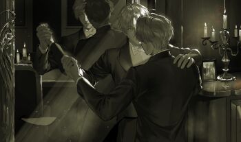 2boys absurdres ahoge america_(hetalia) axis_powers_hetalia bow bowtie candle candlestand chinese_commentary closed_mouth collared_shirt commentary_request covered_mouth formal_clothes from_behind hair_between_eyes half-closed_eyes hand_on_another's_shoulder hands_up highres holding_hands jacket lips long_sleeves looking_ahead looking_at_another male_focus mirror multiple_boys reflection shirt short_hair suit_jacket table tablecloth united_kingdom_(hetalia) upper_body yaoi zhongerweiyuan