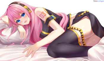 Rule 34 | 1girl, :d, absurdres, armband, artist name, bare shoulders, bed, bed sheet, black shirt, black skirt, black thighhighs, blue eyes, blush, breasts, gold trim, head rest, headphones, headset, highres, large breasts, long hair, looking at viewer, lori hagami, lying, megurine luka, number tattoo, on bed, on side, open mouth, pillow, pink hair, shirt, shoulder tattoo, side slit, simple background, skirt, sleeveless, sleeveless shirt, smile, solo, tattoo, thighhighs, thighs, very long hair, vocaloid, white background, zettai ryouiki