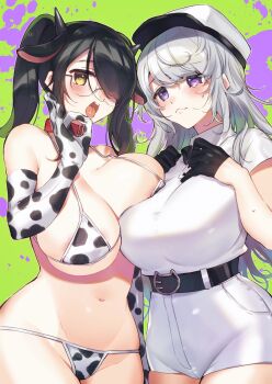 2girls animal_ears animal_print bikini blush breast_press breasts commentary_request cow_ears cow_horns cow_print cow_print_bikini cow_print_gloves cowboy_shot curvy gloves highres horns huge_breasts itou_life_(vtuber) kan'yu_(citron_82) long_hair medium_hair multiple_girls navel nipple_slip nipples open_mouth original print_bikini print_gloves purple_eyes string_bikini sweatdrop swimsuit twintails yellow_eyes
