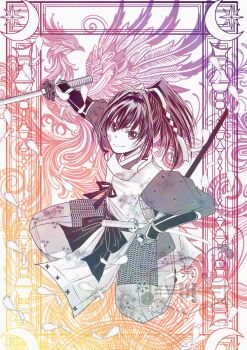 1boy armor black_hair hakama highres holding holding_sheath holding_sword holding_weapon houjou_tokiyuki_(nige_jouzu_no_wakagimi) japanese_armor japanese_clothes katana kote long_hair looking_at_viewer nige_jouzu_no_wakagimi ponytail runa_(ren_rainfall) samurai sheath shoulder_armor smile sode sword wakizashi weapon