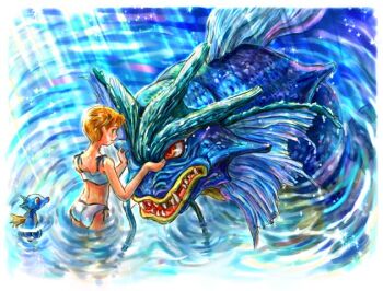 1990s_(style) 1girl ass bikini gen_1_pokemon green_eyes gyarados gym_leader horsea kiwakiwa midriff misty_(pokemon) nintendo orange_hair pokemon pokemon_(creature) pokemon_rgby retro_artstyle short_hair side-tie_bikini_bottom side_ponytail swimsuit water