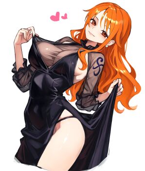 1girl absurdres alternate_costume black_dress black_panties blush breasts brown_eyes closed_mouth clothes_lift collar cowboy_shot dress dress_lift earrings eyelashes frilled_collar frilled_sleeves frills heart highres jewelry kasumi_6 large_breasts light_smile lipgloss long_hair looking_at_viewer nami_(one_piece) one_piece orange_hair panties pearl_earrings pink_lips protected_link see-through_cleavage see-through_clothes shoulder_tattoo side_slit sideboob simple_background single_sidelock solo string_panties tattoo thighs underwear wavy_hair white_background