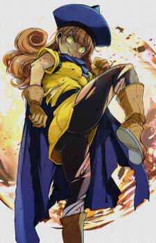 Rule 34 | 1girl, alena (dq4), ass, black pantyhose, blood, blood from forehead, blue cape, blue hat, breasts, brown gloves, cameltoe, cape, commentary request, cuts, dragon quest, dragon quest iv, gloves, hat, high kick, highres, injury, kicking, long hair, muramasa mikado, orange hair, pantyhose, partially shaded face, simple background, solo, torn cape, torn clothes, torn pantyhose, v-shaped eyebrows, white background, yellow eyes