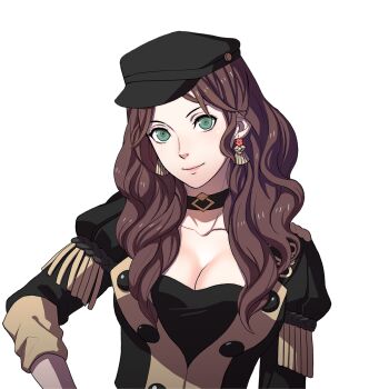 1girl black_choker black_hat breasts brown_hair choker cleavage closed_mouth collarbone dorothea_arnault earrings fire_emblem fire_emblem:_three_houses garreg_mach_monastery_uniform green_eyes hat highres jewelry kurahana_chinatsu large_breasts lips long_hair looking_at_viewer nintendo official_art simple_background smile solo transparent_background upper_body