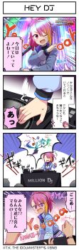 4koma absurdres blonde_hair blush comic english_text hairband highres idolmaster idolmaster_million_live! idolmaster_million_live!_theater_days japanese_text maihama_ayumu multicolored_hair musical_note official_art one_eye_closed open_mouth pink_hair purple_eyes translation_request