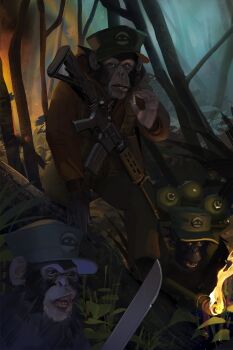 Rule 34 | 3others, absurdres, assault rifle, black fur, chimpanzee, cigarette, commentary, english commentary, fallen tree, fire, flamethrower, fuel tank, green pants, gun, highres, holding, holding cigarette, holding flamethrower, holding weapon, jacket, jungle, looking at viewer, machete, military uniform, multiple others, nature, original, outdoors, pants, polilla, polivia, rifle, smoking, weapon