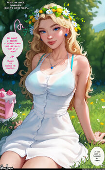 1girl absurdres aroma_sensei bare_shoulders blonde_hair blue_bra blue_eyes blush bra breasts buttons cake cleavage collarbone daisy_(flower) earrings english_text eyeshadow flower food freckles haley_(stardew_valley) head_wreath highres jewelry large_breasts lips long_hair makeup necklace outdoors see-through_clothes sideboob skirt smile solo stardew_valley underwear wavy_hair