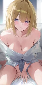 1girl absurdres arm_support arms_between_legs bed_sheet blonde_hair blunt_bangs blurry blurry_background blush breasts button_gap cleavage commentary dress_shirt english_commentary evelyn_chevalier hair_down highres large_breasts looking_at_viewer mole mole_under_eye off_shoulder parted_lips purple_eyes shirt sitting solo wariza white_shirt yonesdraws zenless_zone_zero