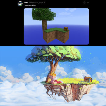 Rule 34 | 1boy, arms between legs, benii21, cape, cloud, cloudy sky, crown, floating island, fur-trimmed cape, fur trim, grass, highres, minecraft, minecraft youtube, outdoors, pig boy, plant roots, red cape, reference inset, sitting, sky, skyblock, solo, technoblade, tree