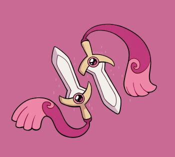 alt_text animate_object artist_name commentary doublade english_commentary full_body gen_6_pokemon highres nintendo no_humans one-eyed pink_background pink_eyes pokemon pokemon_(creature) pokemon_focus rain rumwik simple_background sword wavy_eyes weapon