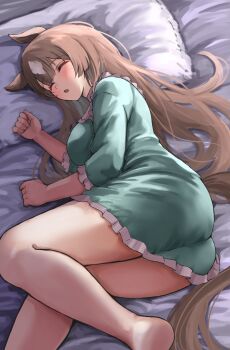 1girl animal_ears aqua_dress ass bad_source barefoot bed_sheet brown_hair brown_tail closed_eyes diamond_(shape) dress hair_between_eyes head_on_pillow highres horse_ears horse_girl horse_tail legs long_hair lying multicolored_hair on_bed on_side open_mouth pillow satono_diamond_(umamusume) sg_(esujii) solo streaked_hair tail thighs three-quarter_sleeves umamusume white_streaks