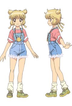 2girls :3 anime_coloring blonde_hair braid breasts coin_purse double_bun flat_chest fong_pudding from_side full_body green_shoes hair_bun ishino_satoshi looking_at_viewer loose_socks medium_hair multiple_girls multiple_views official_art open_hands outstretched_arms overalls pink_shirt profile shirt shoes simple_background smile socks standing t-shirt thighs tokyo_mew_mew tokyo_mew_mew_new transparent_background white_socks
