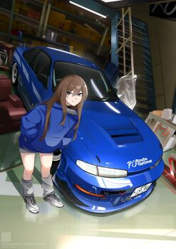 Rule 34 | 1girl, absurdres, asamiya mariko (holeecrab), black choker, blue eyes, blue hoodie, brown hair, car, choker, closed mouth, commentary, english commentary, garage, grey shoes, grey socks, hair between eyes, highres, holeecrab, hood, hoodie, indoors, leaning to the side, license plate, looking at viewer, loose socks, motor vehicle, nissan, nissan silvia, nissan silvia s14, original, shoes, smile, socks, solo, stairs, standing