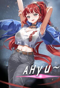 Rule 34 | 1girl, absurdres, akane lize, armpits, arms up, auk (auk518), belt, blue jacket, bra visible through clothes, breasts, brown belt, choppy bangs, cleavage, collar, commentary request, crop top, crop top overhang, cropped shirt, fangs, feet out of frame, grey collar, grey eyes, grey pants, highres, jacket, korean commentary, large breasts, long hair, looking at viewer, midriff, mole, mole on breast, mole under eye, multicolored hair, navel, open mouth, pants, ponytail, red hair, red nails, shirt, short sleeves, smile, solo, standing, stellive, streaked hair, unworn jacket, v-shaped eyebrows, very long hair, virtual youtuber, white shirt