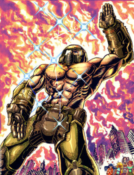 1boy 4girls abs armor aura cacodemon calligraphy_brush_(medium) commentary crotch_plate cyclops dark_skin demon_girl doom_(series) doomguy english_commentary fighting_stance fusion gloves hara_tetsuo_(style) heart heart-shaped_pupils helmet highres hokuto_no_ken imp_(doom) kenshiro male_focus manly monster_girl multiple_girls muscular one-eyed pants parody pectorals personification power_armor scar sparkle spider_mastermind substance20 symbol-shaped_pupils topless_male